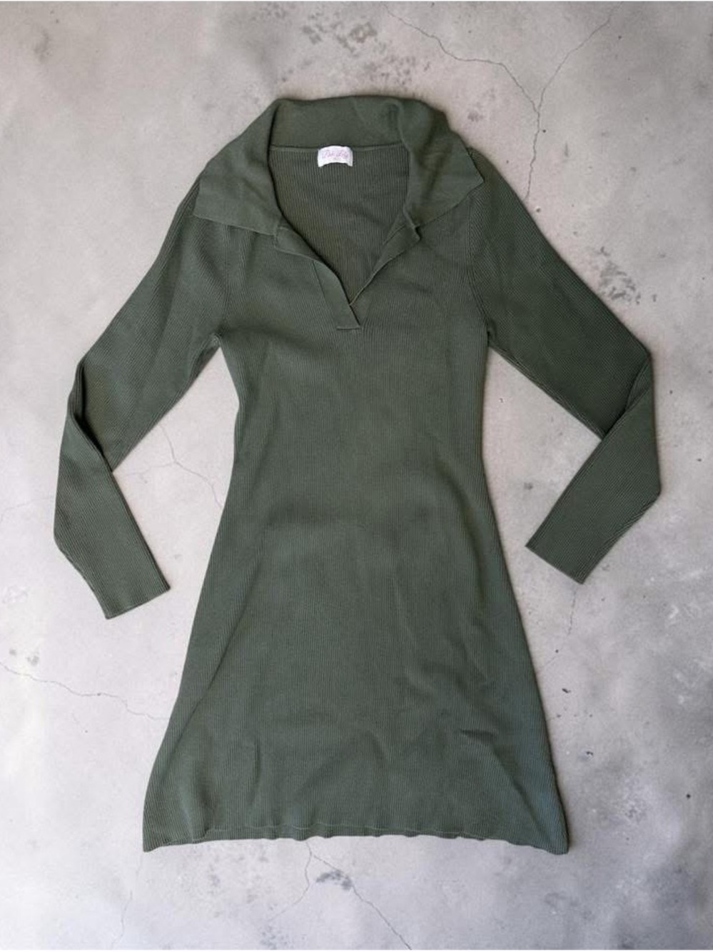 Pink Lily - Olive Green Ribbed Long-Sleeve Collared Dress
